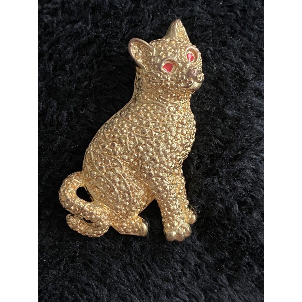 VINTAGE PANTHER LEOPARD JAGUAR CAT TEXTURED GOLD TONE BROOCH PET /ANIMAL LOVER